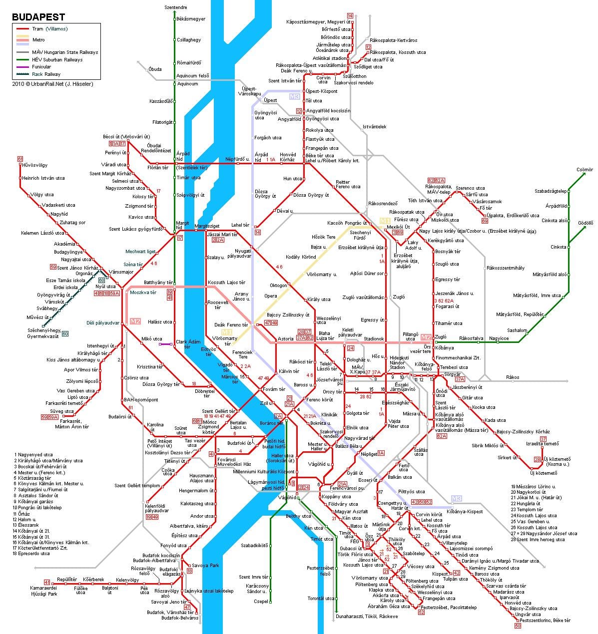 električkových liniek z budapešti, mapu