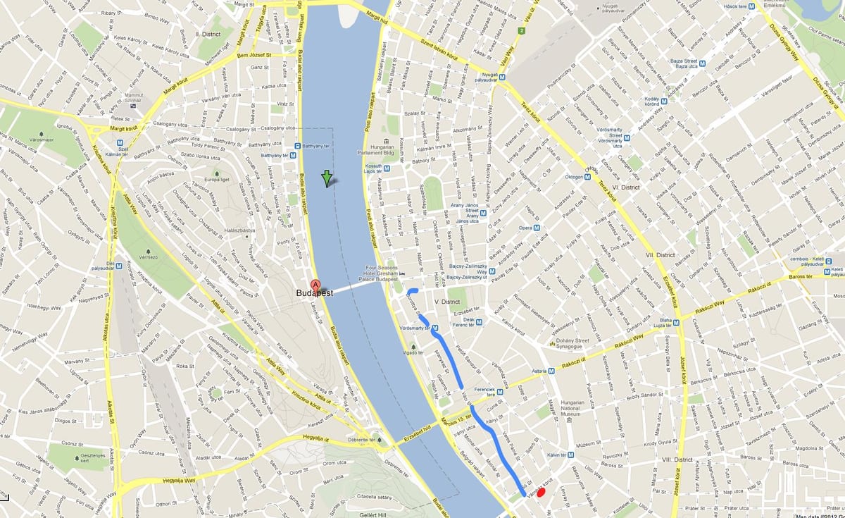 mapa vaci street budapešti